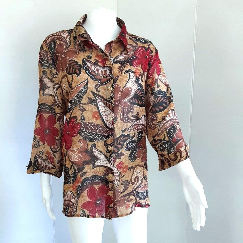 PLUS SZ 14 ALFRED DUNNER RED FLORAL PRINT SEMI SHEER 3 QTR SLEEVE SHIRT